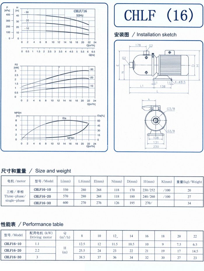 CHLF輕型立式不銹鋼多級離心泵安裝圖、尺寸、性能