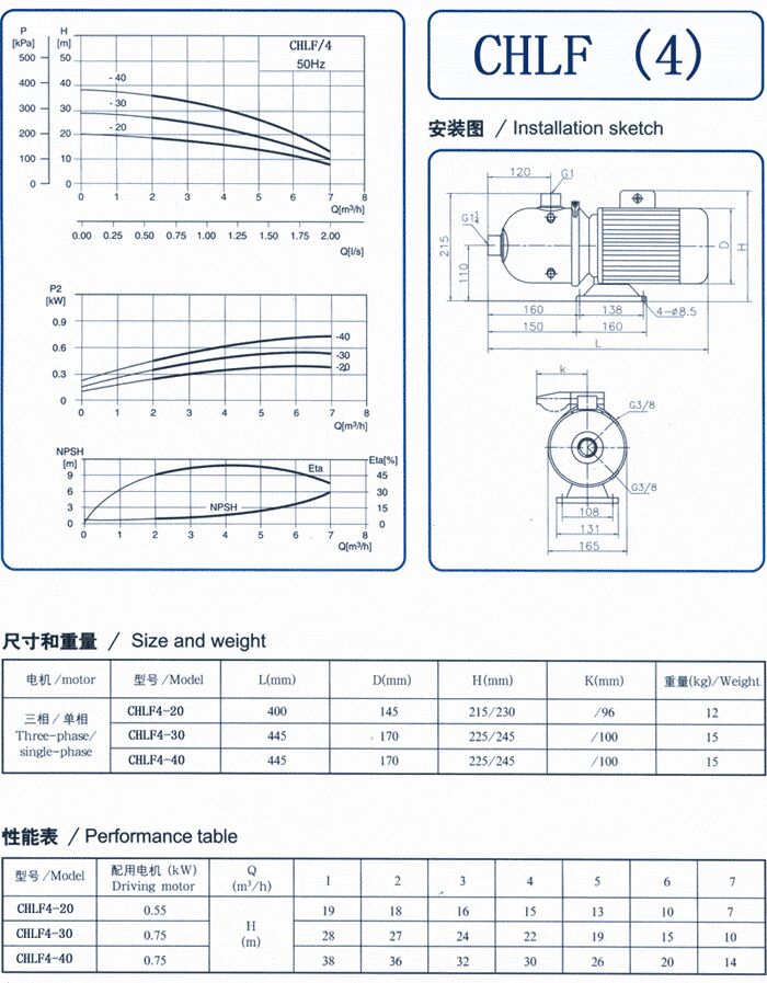 CHLF輕型立式不銹鋼多級離心泵安裝圖、尺寸、性能