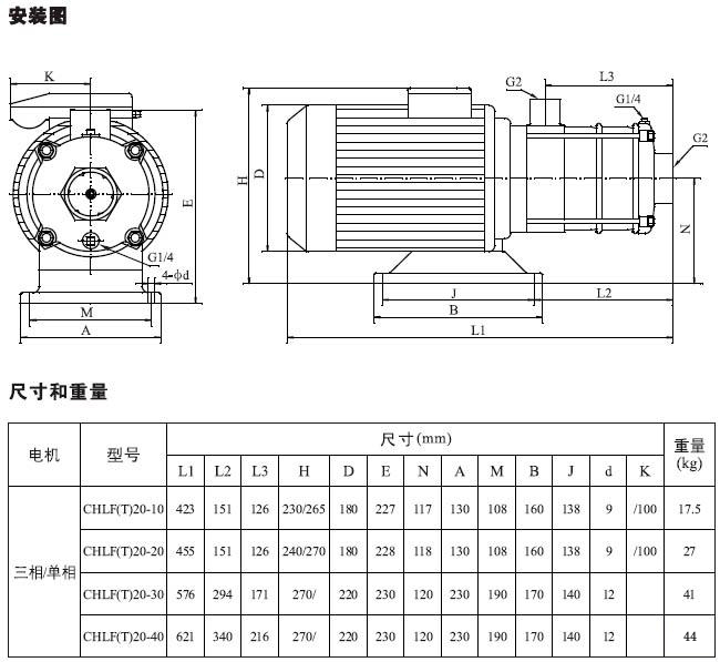 不銹鋼多級離心泵安裝圖、尺寸及重量